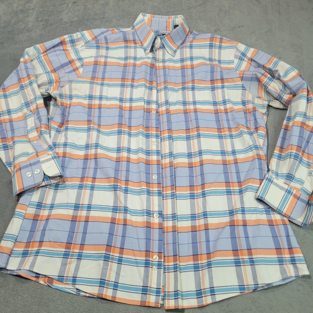 Chaps Button Down Shirt Mens 16.5 32/33 Blue Orange Plaid Classic Wrinkle Free‎